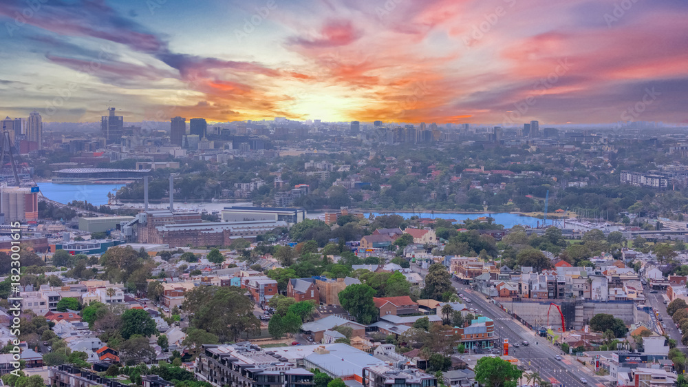 Fototapeta premium Aerial Panorama Drone view of Parramatta River Sydney Harbour between Balmain Gladesville Birkin Head Point and Roselle on the Bay Run Sydney NSW Australia