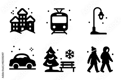 Winter City Icons. Winter city. Filled icon set of winter city: snow-covered buildings, tram, streetlight, car