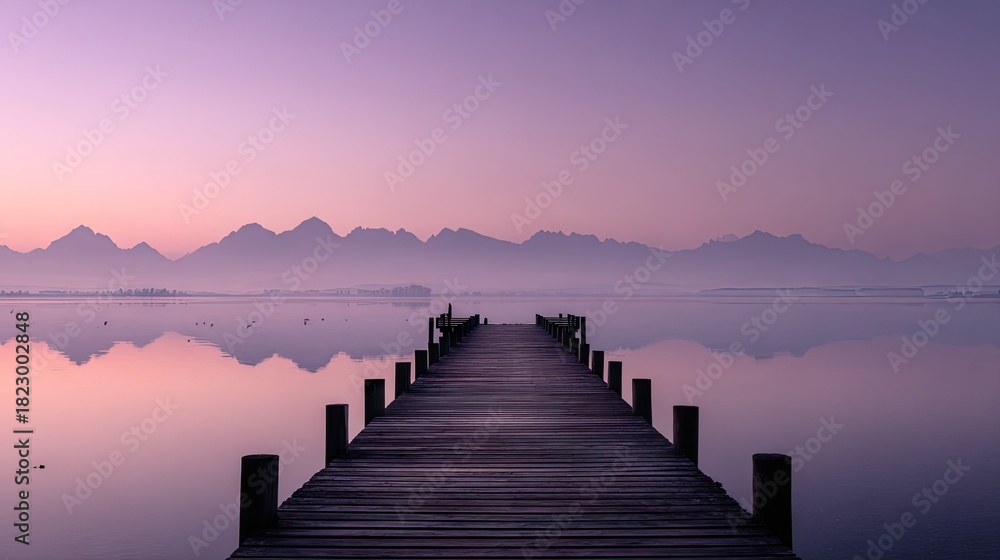 Obraz premium Wooden pier extending into a tranquil lake at dawn.