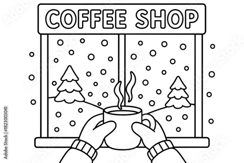Winter Coffee Coloring. Coffee shop window children?s coloring book illustration, outlined drawing, gloved