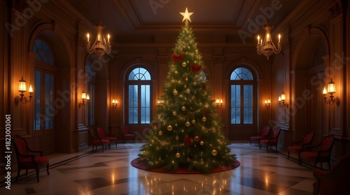 Wallpaper Mural luxury interiors withan  illuminated christmas tree in elegant holiday decor
 Torontodigital.ca