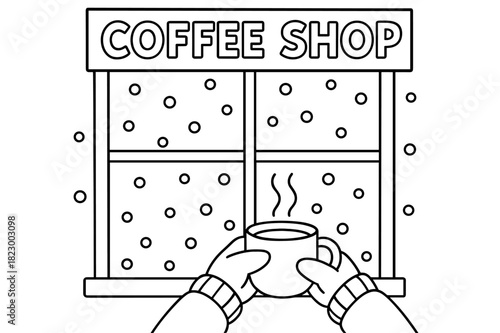 Winter Coffee Coloring. Coffee shop window children?s coloring book illustration, outlined drawing, gloved