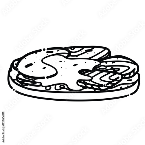Black and white line art vector illustration of avocado toast with smoked salmon, boiled egg slices and seaweed flakes. Simple clean outline, minimal style, isolated and editable for menu design, icon