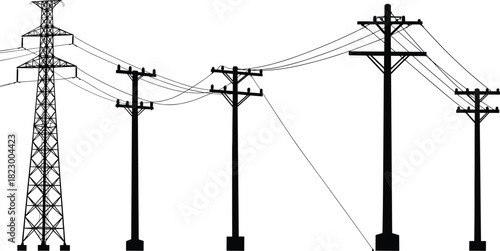 High voltage electricity transmission tower and utility poles with power lines, black and white silhouette illustration of energy infrastructure