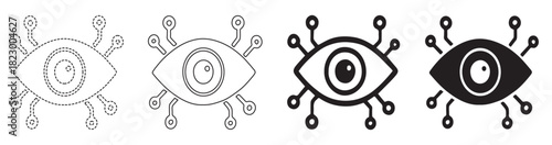 Four stylized cybernetic eyes in varying shades of gray and black.