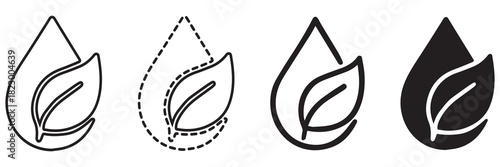 Four variations of a water drop with a leaf inside, in different styles.