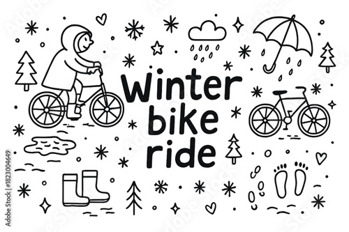 Winter Cycling Doodle. Winter bike ride. Hand-drawn doodle illustration of Winter bike ride. cyclist, bicycle,