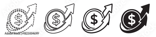 Dollar coin with arrow pointing up, indicating growth or profit.