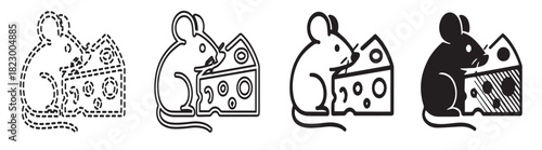 Four variations of a mouse next to a piece of cheese with holes.