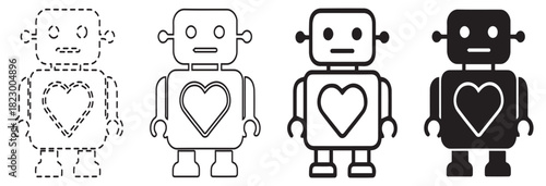 Four robot icons with heart shapes on their bodies, progressing from dotted lines to solid black.