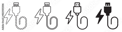 Four charging cable icons with lightning bolt, different styles.