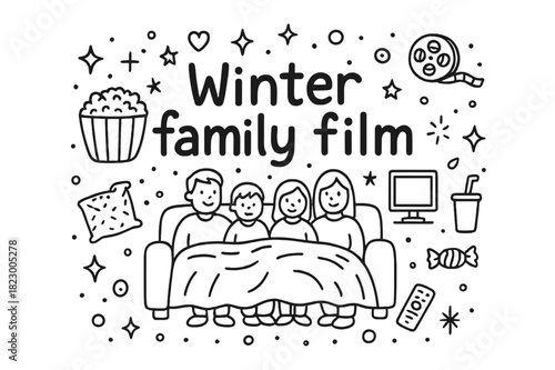 Winter Family Film Night. Winter family film. Hand-drawn doodle illustration of Winter family film. sofa,