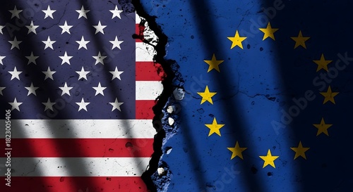 Symbolic representation of transatlantic relations with american and european union flags cracked in artistic design for political discussions