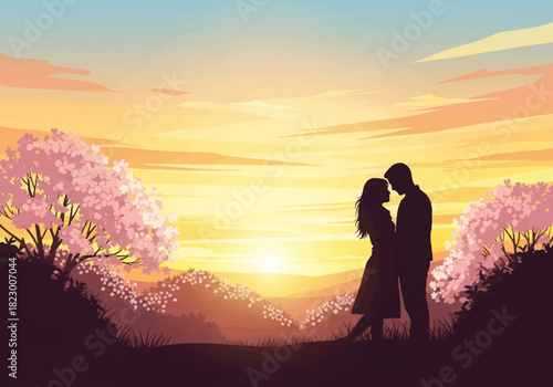 Romantic Couple Sunset Silhouette Vector Landscape – Love Scene On Beach With Golden Sky Background