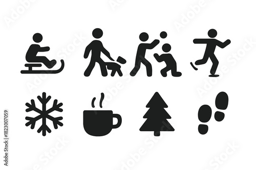 Winter Fun Icons. Outdoor winter fun. Filled icon set of outdoor winter fun: sledding, walking dog, snowball