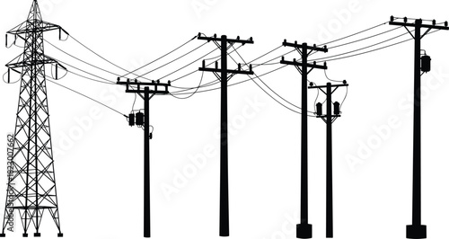 High voltage electricity transmission tower and wooden utility poles with electric wires, black and white silhouette of power infrastructure