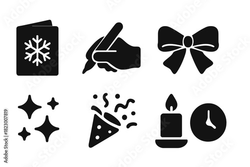 Winter Greetings Icons. Winter greetings. Filled icon set of winter greetings: greeting card, hand with pen,