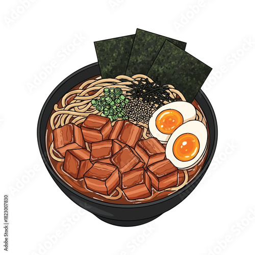 Illustration of a bowl of ramen with noodles, sliced pork, boiled egg, green onions, and seaweed on a plain background.