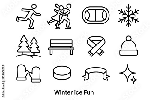 Winter Ice Icons. Winter Ice Fun. Line outline icon set of Winter Ice Fun: ice skater, pair skating, ice rink,