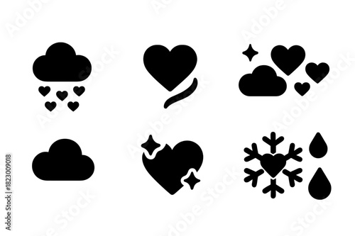 Winter Love Icons. Winter love weather. Filled icon set of winter love weather: cloud, tiny hearts falling,