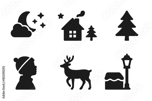 Winter Night Icon Set. Winter night. Filled icon set of winter night: moon with clouds, stars, house with