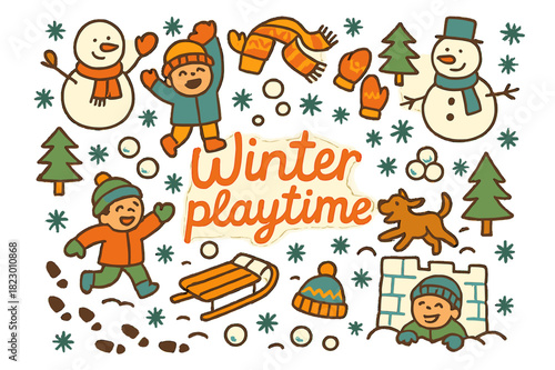 Winter Playtime Fun. Winter playtime. Hand-drawn doodle illustration of winter playtime. Snowmen, sleds,