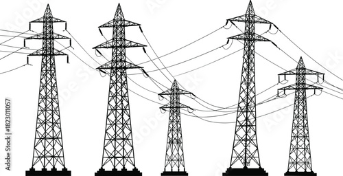 High voltage electricity transmission towers with power lines, industrial energy infrastructure, electrical grid system, renewable energy connection, and urban power distribution network.