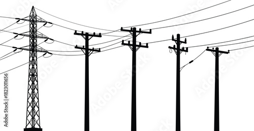 High voltage power transmission tower and utility poles with electric wires, black and white silhouette of electricity infrastructure