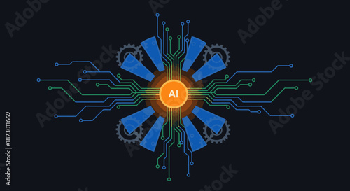 Illustration of artificial intelligence, showing a central AI core, circuit patterns, and gears, representing advanced processing and innovation.