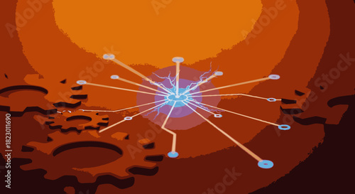 A central glowing blue nexus with radiating digital connections against a backdrop of mechanical gears, representing complex technological systems and innovative processing.