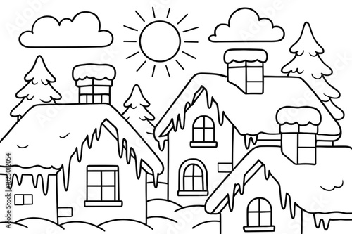 Winter Rooftop Coloring. Winter morning scene children?s coloring book illustration, outlined drawing,