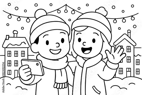 Winter Rooftop Selfie. City winter selfie children?s coloring book illustration, outlined drawing, two people