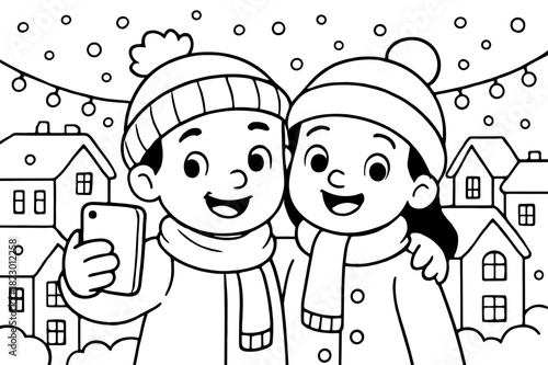 Winter Rooftop Selfie. City winter selfie children?s coloring book illustration, outlined drawing, two people