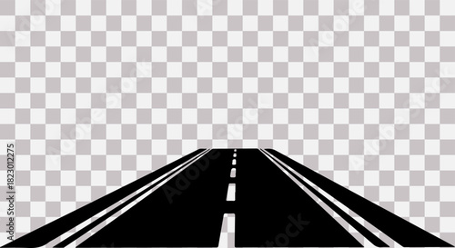 Perspective view of a black asphalt road with white lines on a transparent background