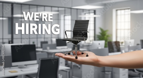 We're hiring concept with office chair in hand symbolizing job vacancy and recruitment in modern business environment