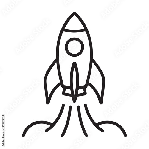Simple black line art icon of a rocket launching with smoke trails