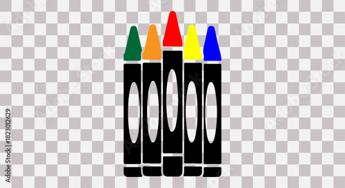 Five colorful markers standing upright on a transparent background