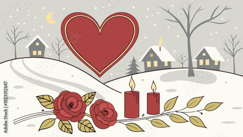 Winter village scene with heart, roses, and candles creating a romantic and cozy atmosphere image