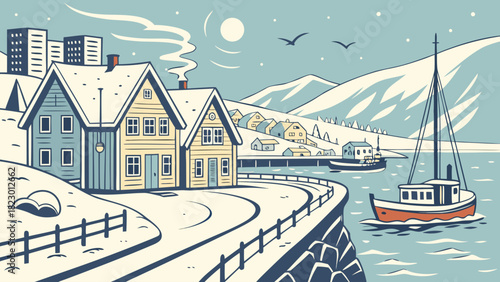 Winter scene depicting houses covered in snow near the sea with boats and distant mountains view