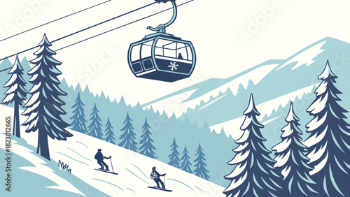 Winter scene with skiers on a snowy slope and a ski lift over a mountain range and pine trees view