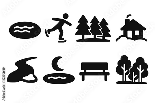 Winter Serenity Icons. Winter serenity. Filled icon set of winter serenity: frozen lake, ice skater silhouette
