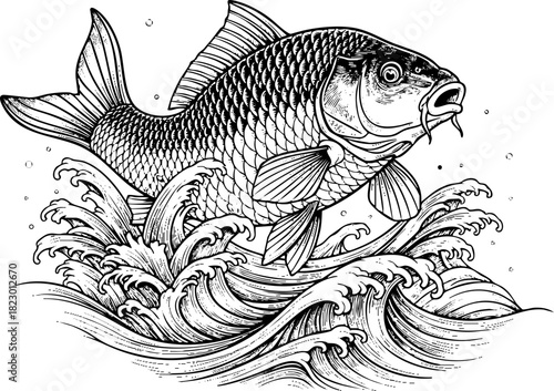 Engraving Style Giant Carp Emerging from Stylized Waves, the concept of Strength for Art Prints, Nature Blogs, Fishing Magazines, and Japanese Art
