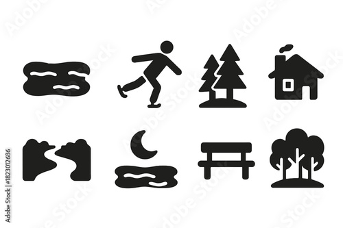 Winter Serenity Icons. Winter serenity. Filled icon set of winter serenity: frozen lake, ice skater silhouette