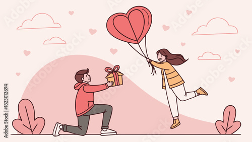 Man proposing with gift to woman holding heart balloons in a romantic pink landscape illustration