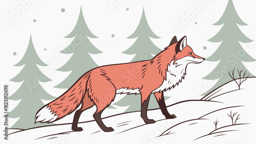 A fox walking in a snowy forest with evergreen trees and light snowfall on a winter day scene drawing