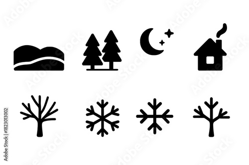 Winter Silhouette Icons. Minimal winter landscape silhouette. Filled icon set of minimal winter landscape