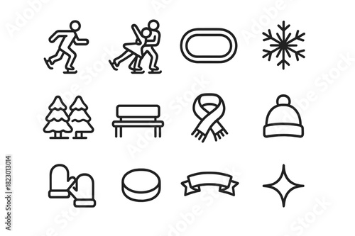 Winter Skating Icons. Winter Ice Skating Park. Line outline icon set of Winter Ice Skating Park: ice skater,