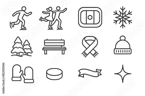 Winter Skating Icons. Winter Skating Scene. Line outline icon set of Winter Skating Scene: ice skater, pair