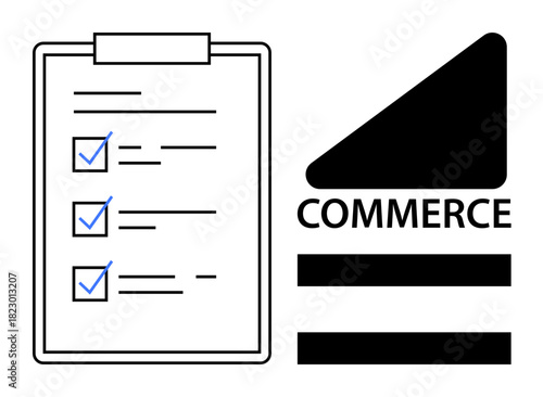 Checklist with marked tasks next to a commerce-related graphic. Ideal for business management, workflow, productivity, retail, e-commerce, planning, and strategy. Simple flat metaphor