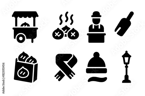 Winter Snack Icons. Winter snack stand. Filled icon set of winter snack stand: roasted chestnut cart, steaming